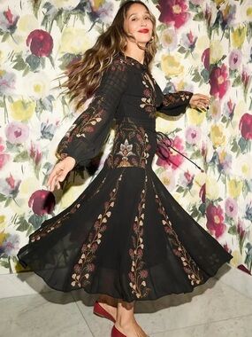 Farm Rio Black Berry Garden Long Sleeve Pleated Maxi Dress